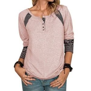 Ladies Long Sleeve Round Neck Button Top Stripe Stitching Casual T Shirt - Large